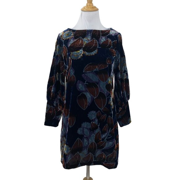 Ann Taylor Crushed Velvet Dress Womens 00P Petite Navy Floral Print Back Zip - Picture 1 of 15